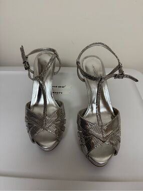 ANTONIO MELANI Metallic Silver T-Strap Platform Heels